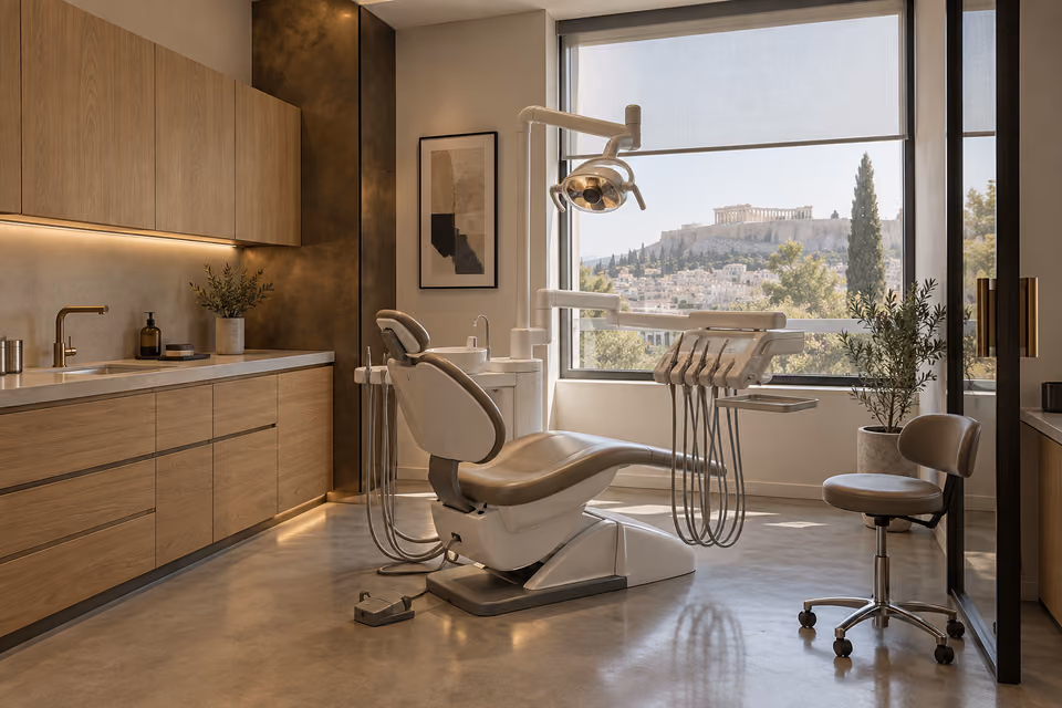 Οδοντιατρική έδρα με προβολέα και βραχίονα εργαλείων, με ξύλινα ερμάρια.