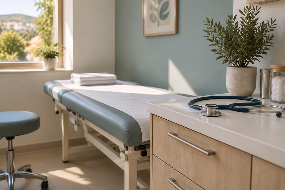 A consulting room desk with a blood pressure monitor and an examination couch, in soft daylight.