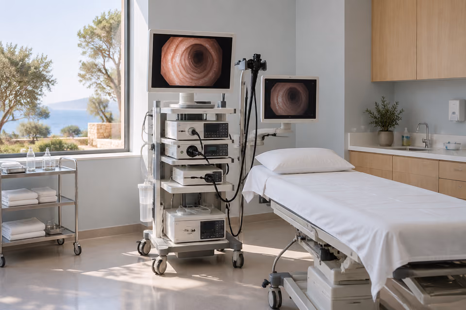 Πύργος ενδοσκόπησης με οθόνες δίπλα σε κρεβάτι εξέτασης.